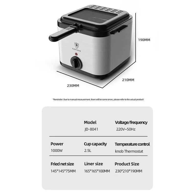Silver electric air fryer appliance with detachable stainless steel basket on kitchen counter