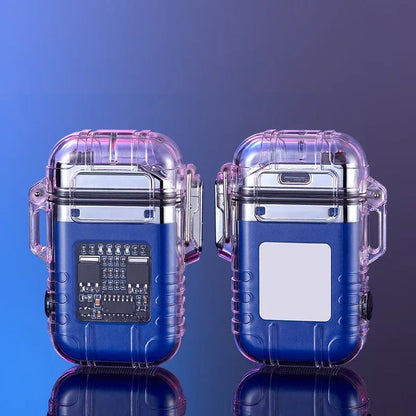 Transparent shell electronic lighter showing plasma arc with detachable pocket clip and paracord lanyard