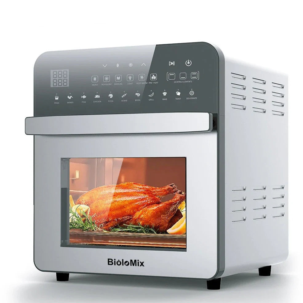 White 15L stainless steel air oven with touch panel, 1700W heating, 33cm x 37cm x 38cm dimensions