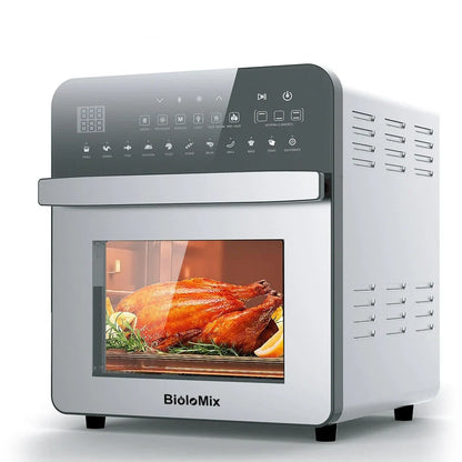 White 15L stainless steel air oven with touch panel, 1700W heating, 33cm x 37cm x 38cm dimensions