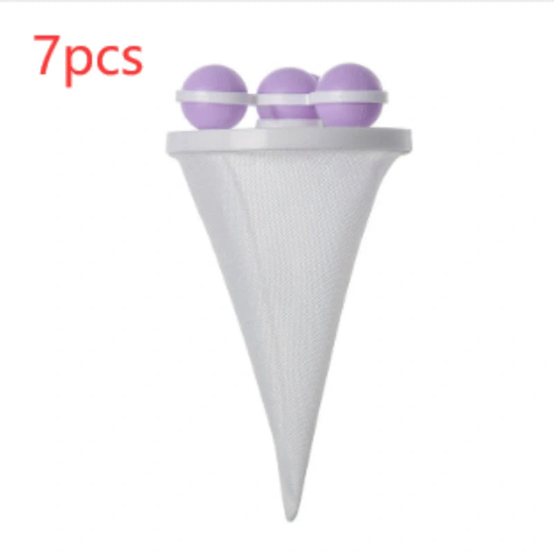 Ultra-fine mesh washing machine lint catcher in purple, blue, and pink