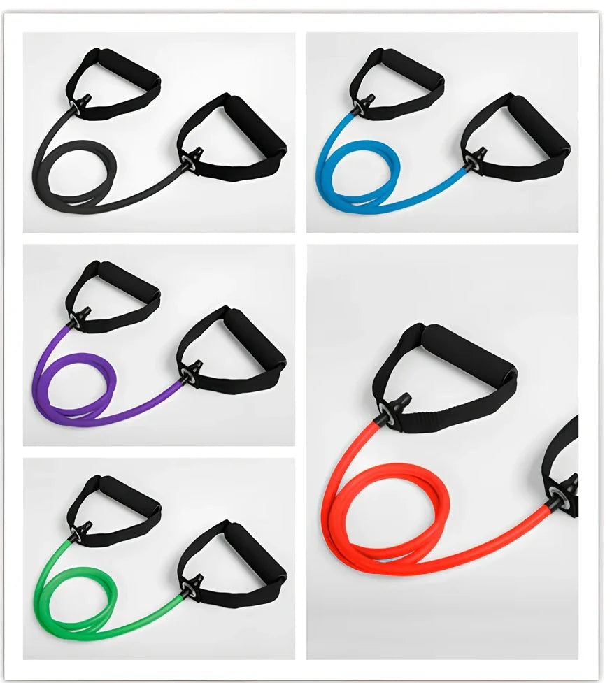 Five colour-coded latex resistance bands showing 120cm length with resistance levels from 10-30 pounds