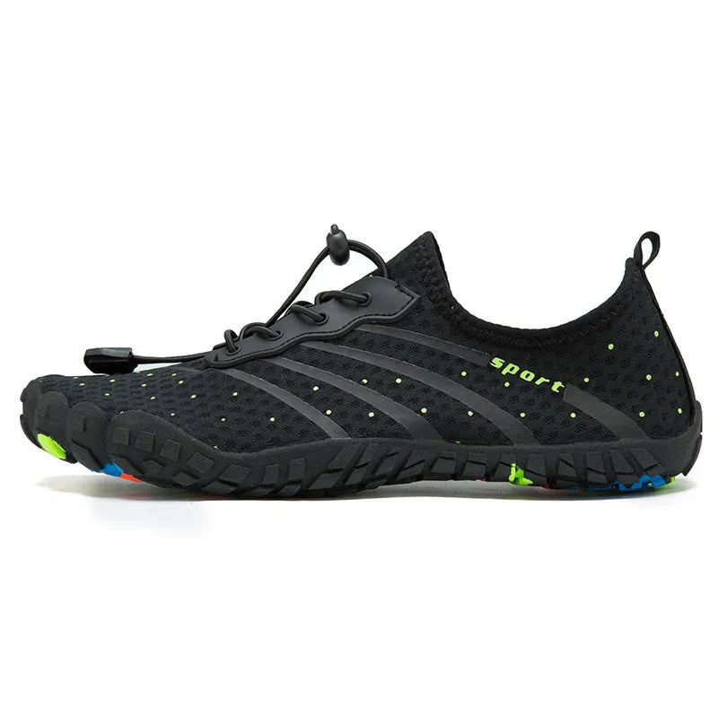 Fast drainage outdoor fitness shoes in army green colour with mesh upper and rubber sole