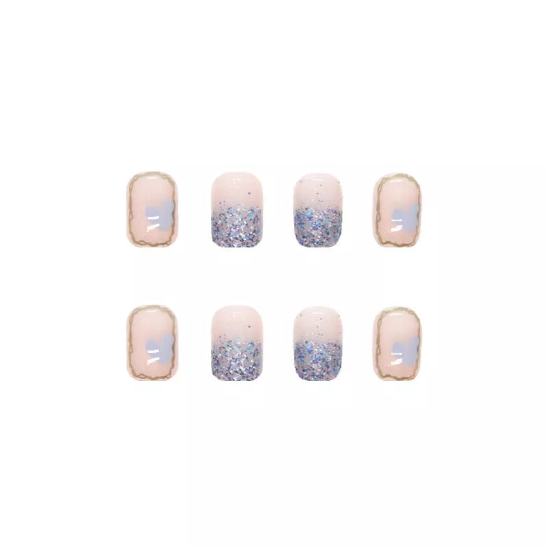 Nude short square fake nails with R593 elegant cream glue, 24 pieces per box