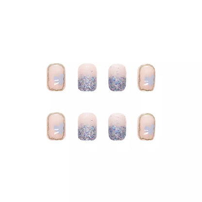 Nude short square fake nails with R593 elegant cream glue, 24 pieces per box
