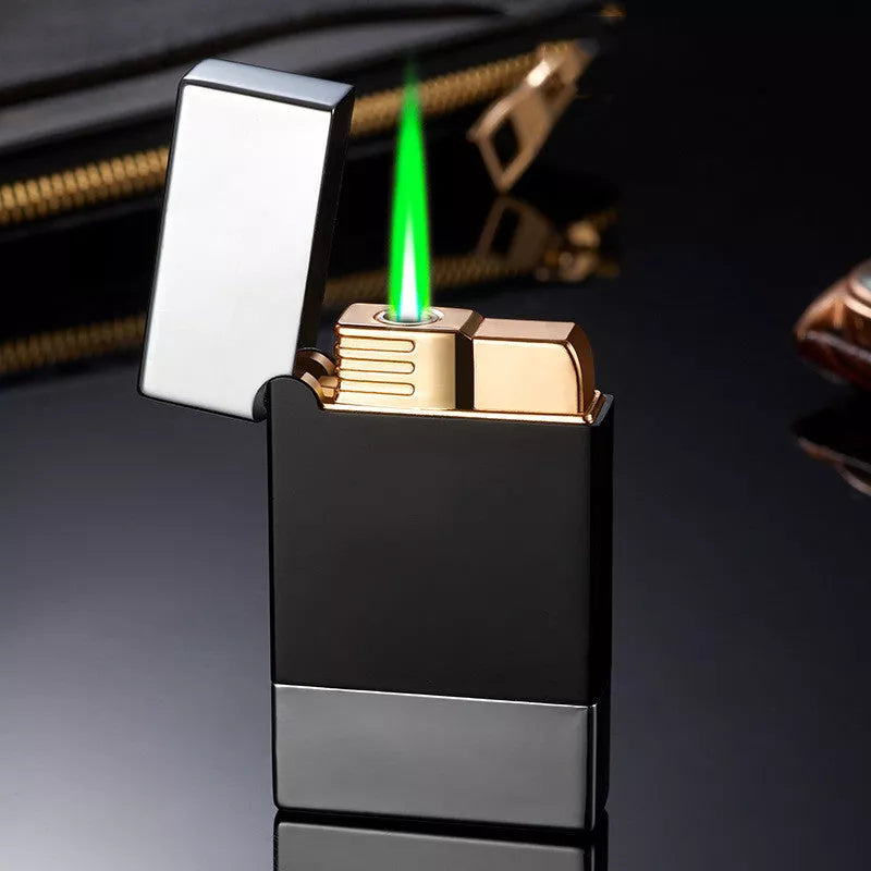 Metal Steel Windproof Gas Lighter in black brushed, gold brushed, and bright silver finishes