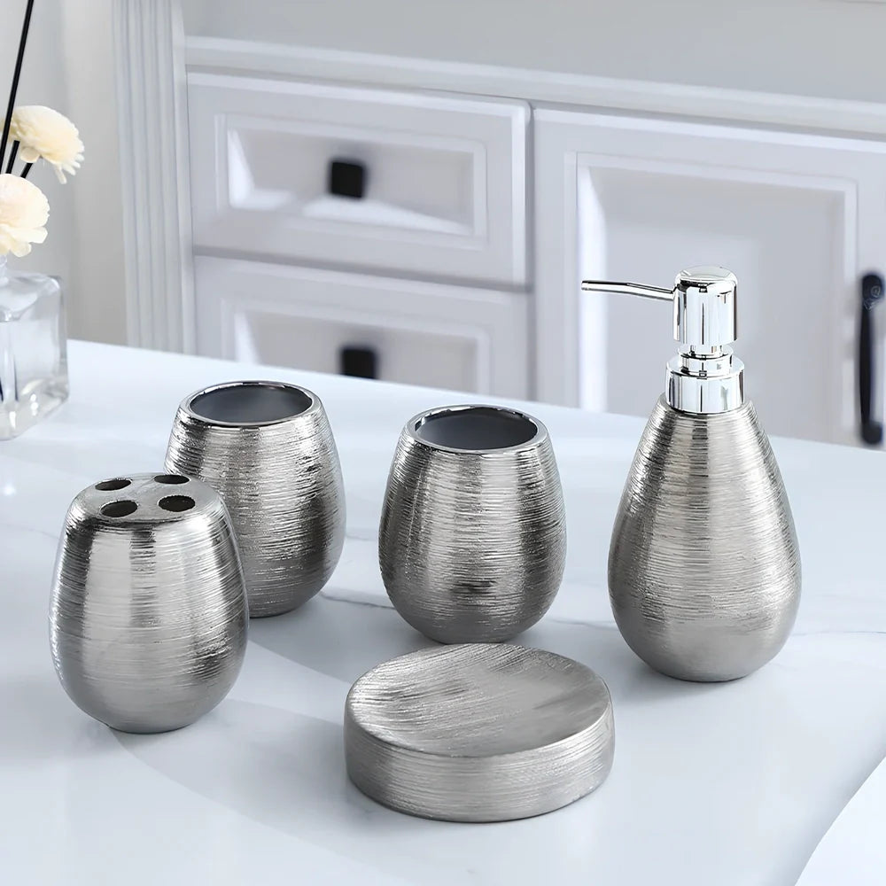 Handmade brushed ceramic five-piece bathroom set in silver with modern design