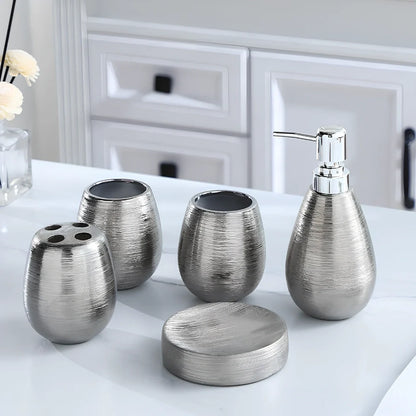 Handmade brushed ceramic five-piece bathroom set in silver with modern design
