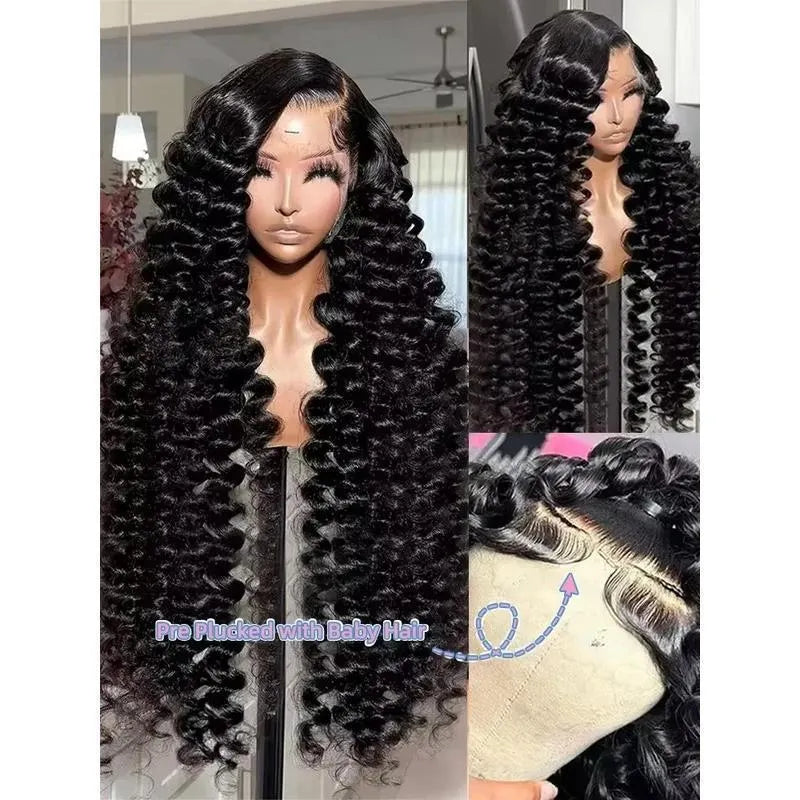300 density loose wave HD lace wig in black chemical fiber, 20-40 inch length, 13x4 or 13x6 frontal.