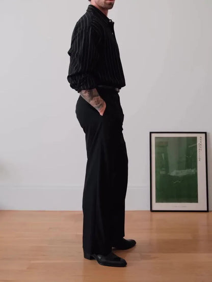 Men's black and white pinstripe long sleeve button down shirt with a regular fit.