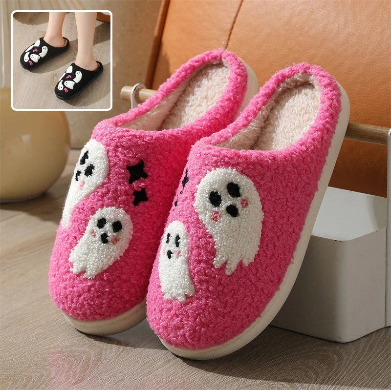 Cozy Halloween ghost slippers for women with soft cotton construction and non-slip rubber soles