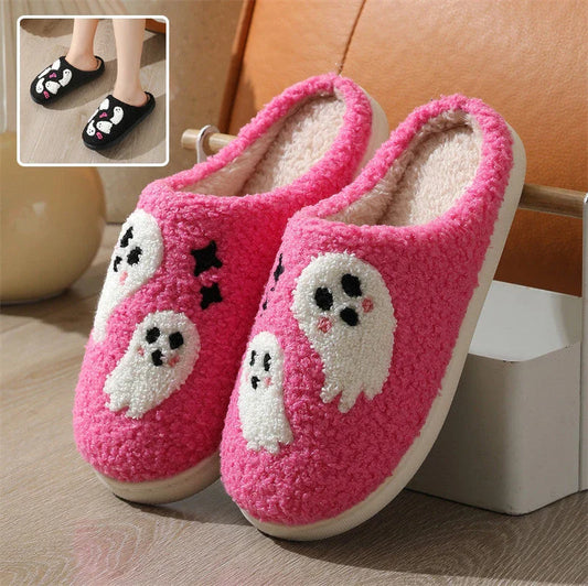 Cozy Halloween ghost slippers for women with soft cotton construction and non-slip rubber soles