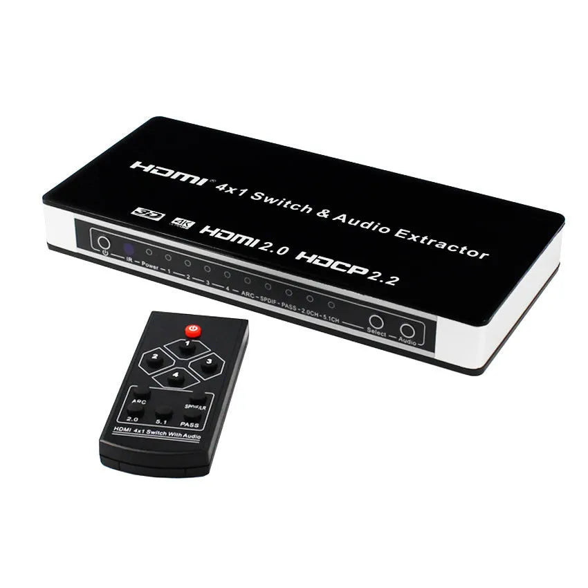 Black HDMI audio-video switch with remote control showing four inputs and one output