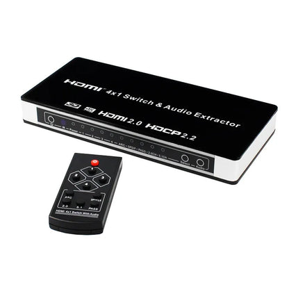 Black HDMI audio-video switch with remote control showing four inputs and one output
