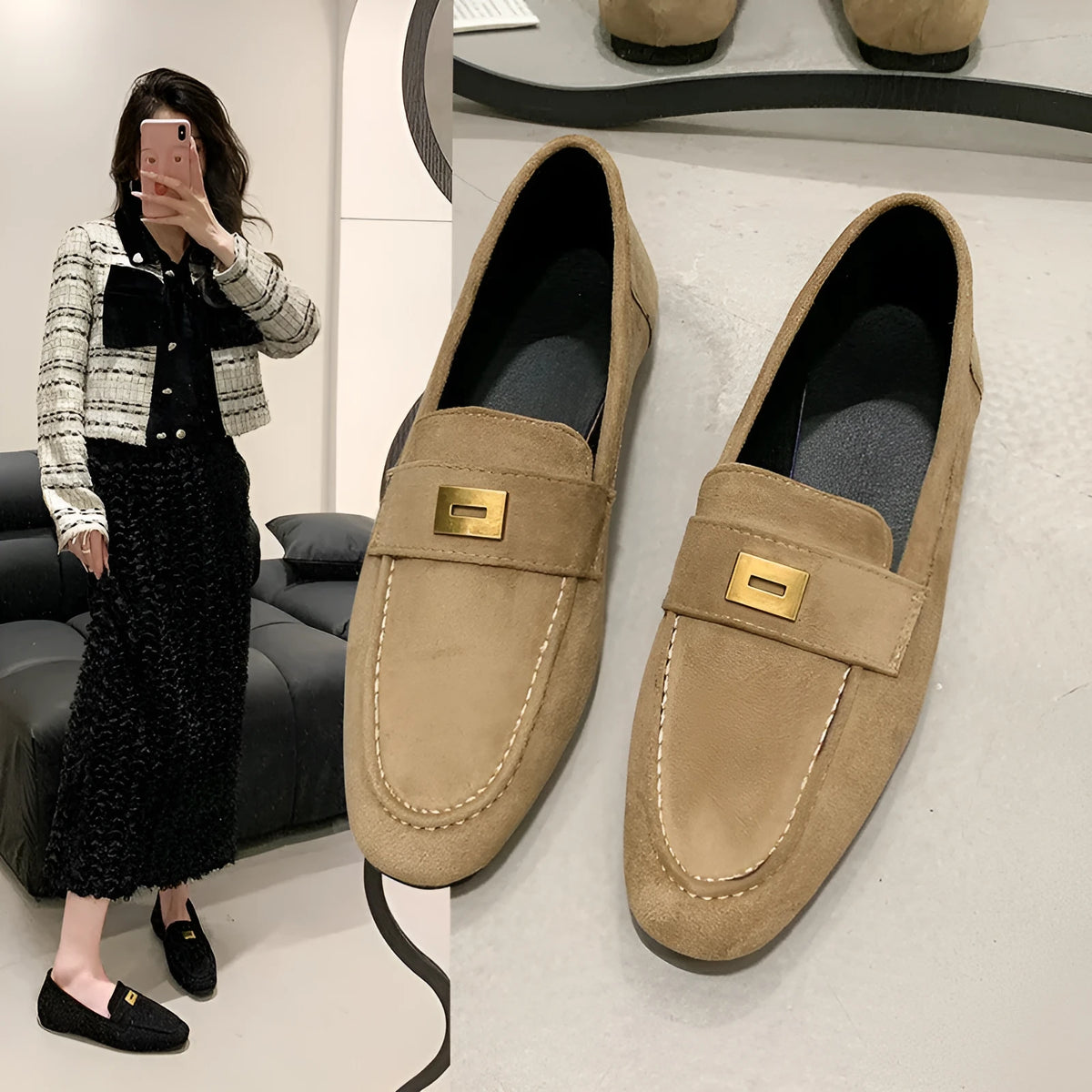 Women's square toe flat loafers in black, khaki, and brown artificial PU, sizes 35 to 40.