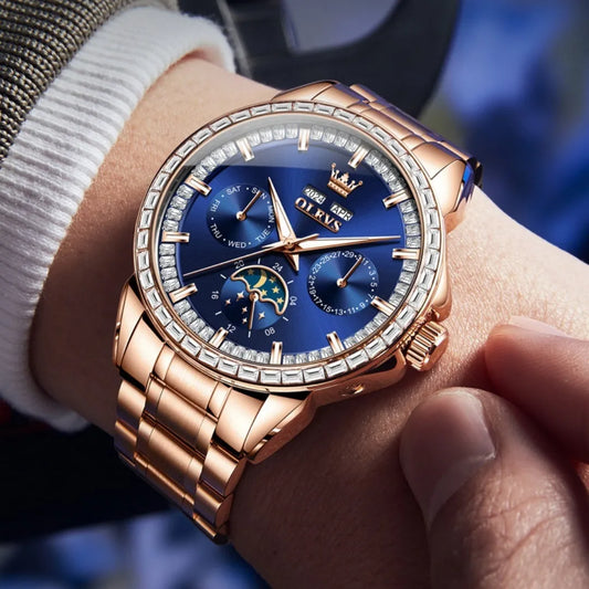Men's automatic mechanical watch with diamond dial, stainless steel case, and transparent back showing movement