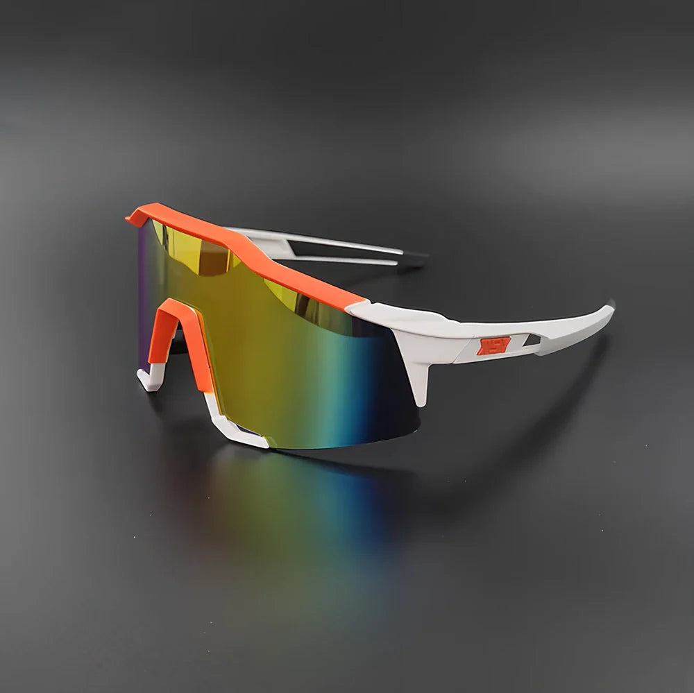 Cycling glasses with interchangeable lenses showing UV400 protection and lightweight frame design