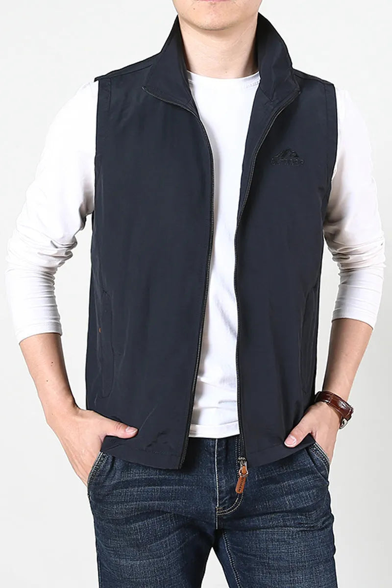Men's loose fit spring waistcoat vest in chemical fibre blend with side pockets
