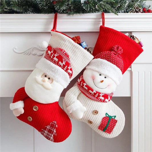 Premium knit Christmas stockings in Santa Claus and Snowman designs for festive holiday decor