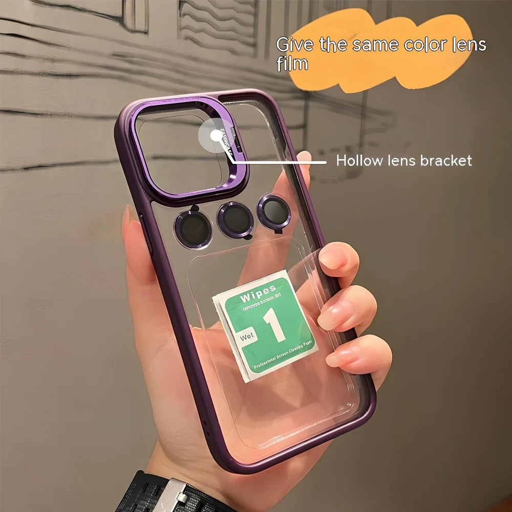 Metal hollow lens bracket phone case showing raised camera protection and precise button cutouts