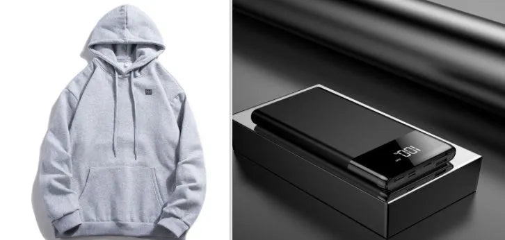 USB heated hoodie in black or grey, polyester, sizes M to 3XL, with included power bank for winter outdoor warmth.
