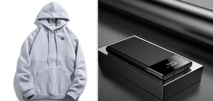 USB heated hoodie in black or grey, polyester, sizes M to 3XL, with included power bank for winter outdoor warmth.