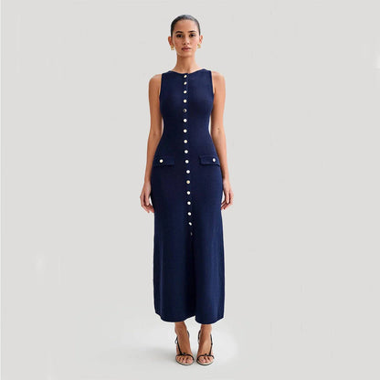 Elegant sleeveless knit dress in various colors, including almond and blue, with a slim, figure-flattering silhouette and round neckline