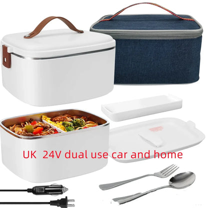 White car heating lunch box with stainless steel interior showing power cords and utensils