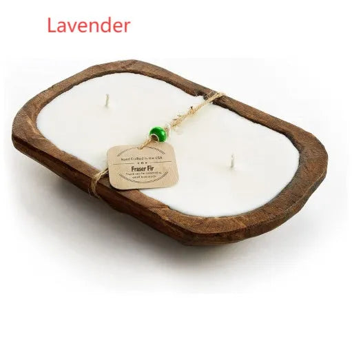 Retro wooden basin containing a lavender-scented soy wax candle with three visible wicks.