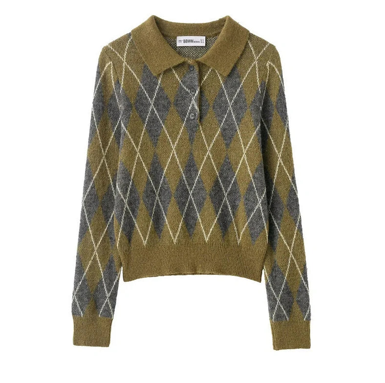 Women's notched lapel knitted sweater with diamond pattern and colour blocking, 40-50cm length