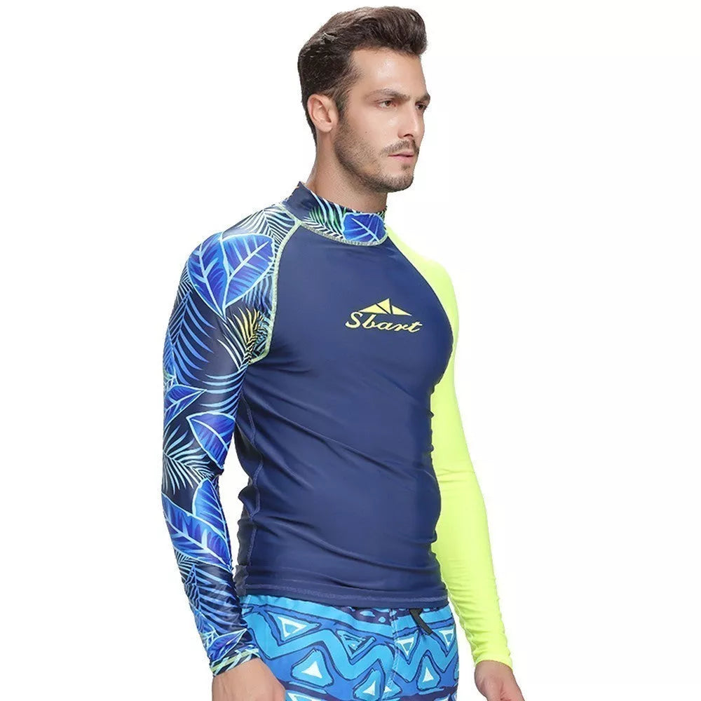 Men's long-sleeved sunscreen swimsuit in blue and green for UV protection