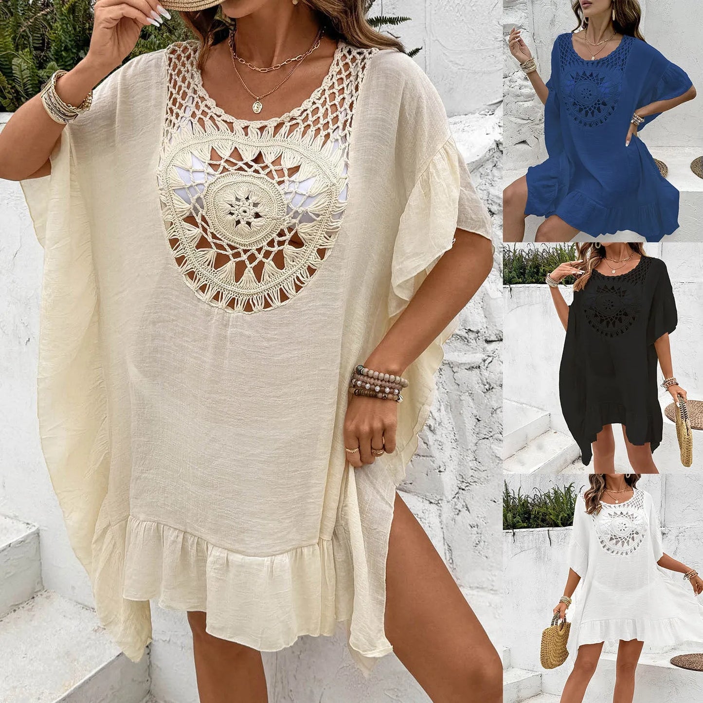 Beach crochet stitching tassel dress swimsuit with patchwork skirt in slubbed fabric, free size fit