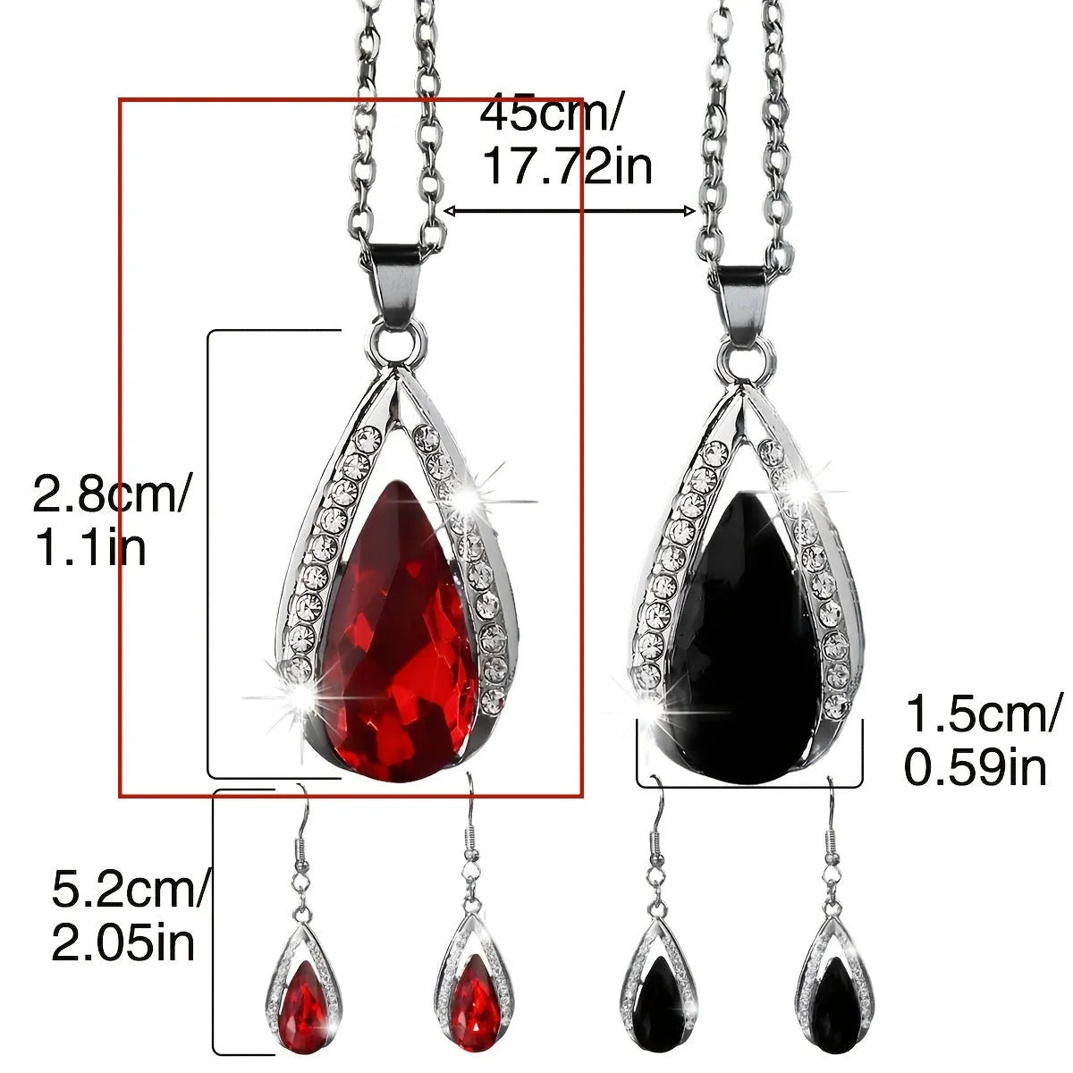 Black red teardrop glass pendant necklace and earrings suite with water droplet design elements on alloy jewellery