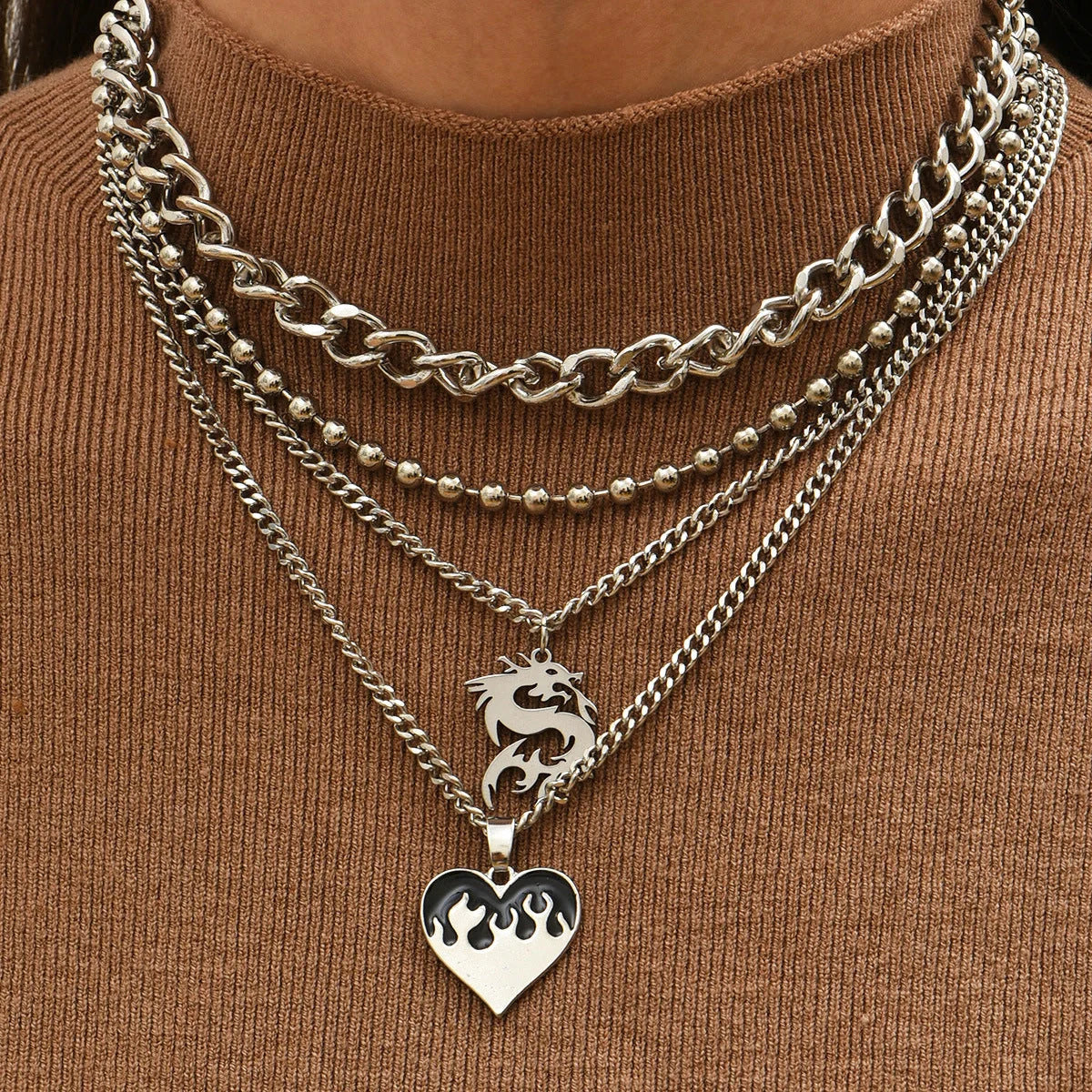 Silver dragon pendant necklace with adjustable chain, geometric design