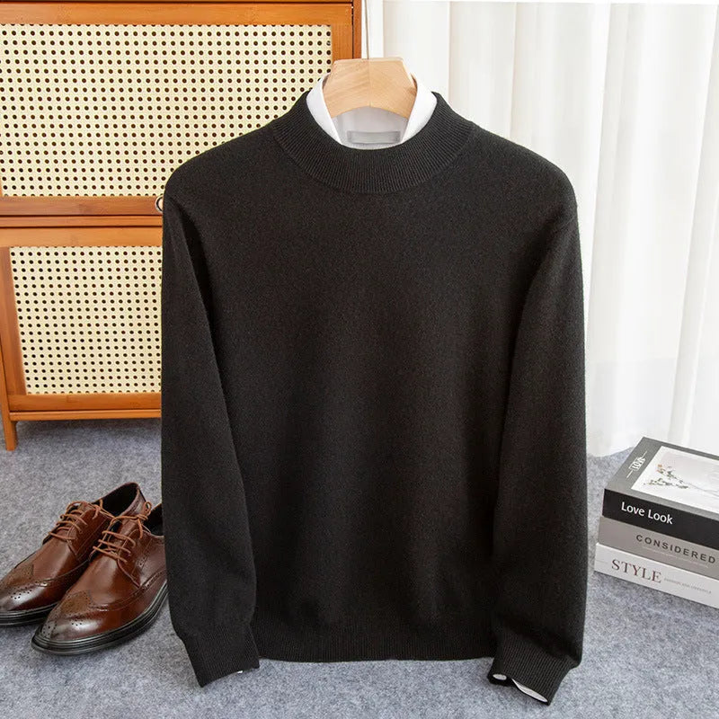 Men's half-collar wool sweater in loose fit with rough yarn texture, shown in winter business style