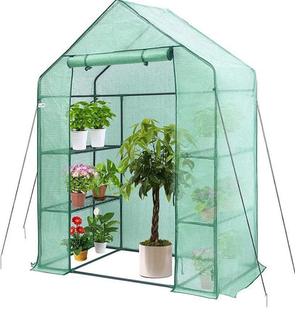 Green PE mesh greenhouse stand with steel frame measuring 143cm long by 73cm wide by 195cm tall