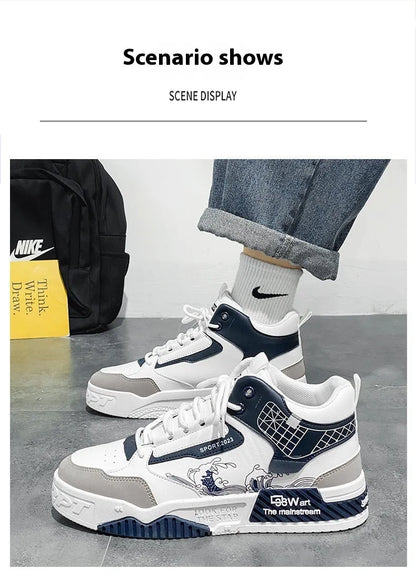 Men's beige white blue high-top board shoes with lace-up front and rubber soles