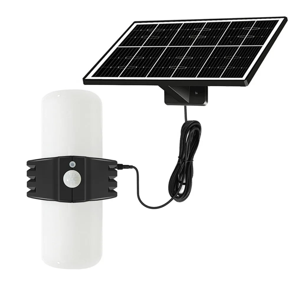 Modern abstract-design solar-powered outdoor floodlight with motion sensor on wall bracket
