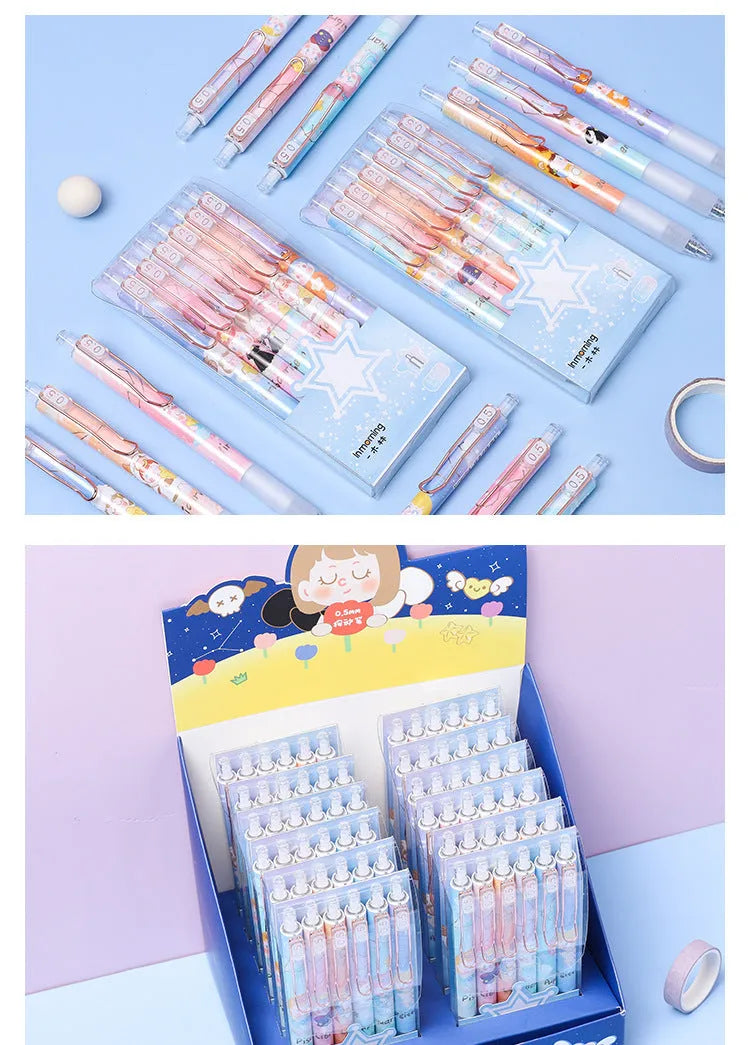 Set of six constellation-themed press gel pens with 0.5mm tips in two cartoon style choices.