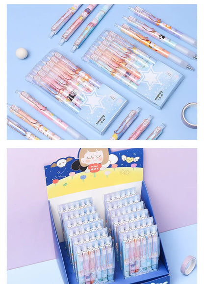 Set of six constellation-themed press gel pens with 0.5mm tips in two cartoon style choices.