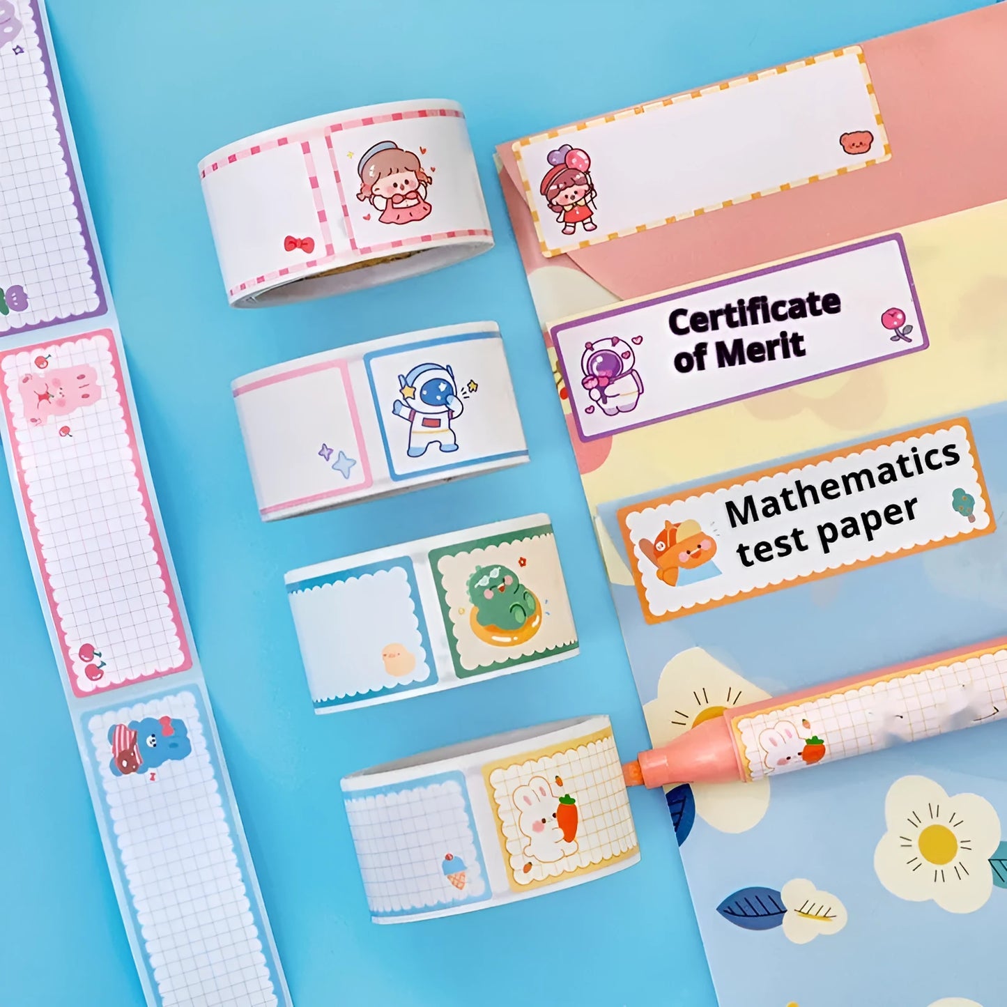 Roll of student name tape stickers with cartoon dinosaur, astronaut, rabbit, and girl designs for labelling