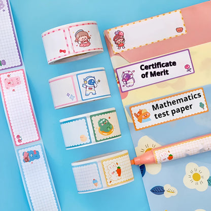 Roll of student name tape stickers with cartoon dinosaur, astronaut, rabbit, and girl designs for labelling