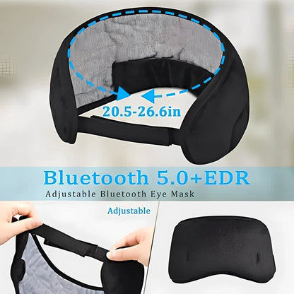 Black Bluetooth 5.0 eye mask with adjustable elastic strap and built-in speakers for wireless audio
