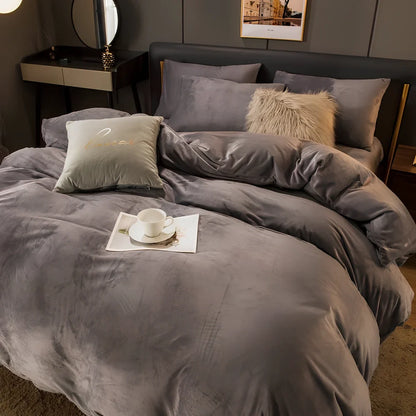Coral velvet flannel bed sheet set in light grey and deep grey colour combination on double bed