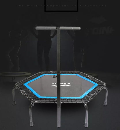 Hexagon trampoline with fitness handrail for home and gym use