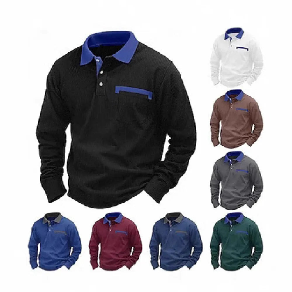 Men's long-sleeved waffle texture polo shirt with asymmetric design in loose fit