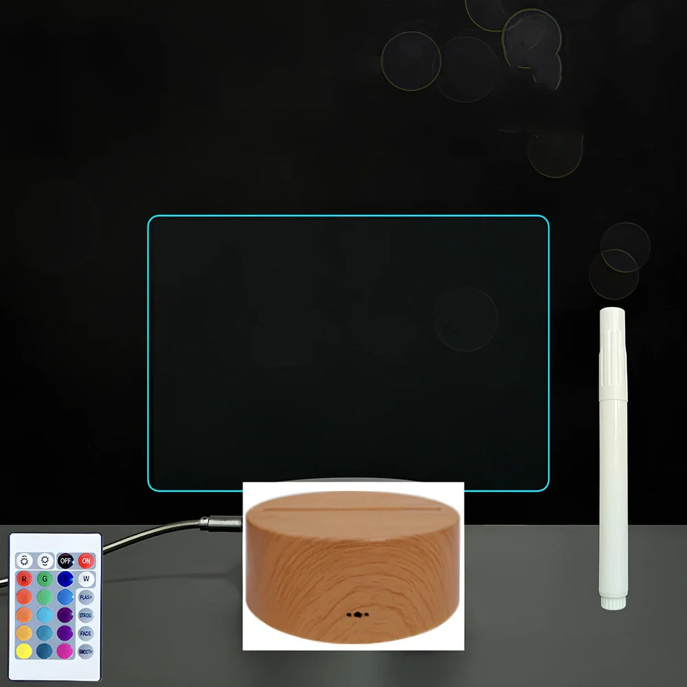 3D acrylic LED message board with touch controls showing illuminated writing on 3.5mm thick surface