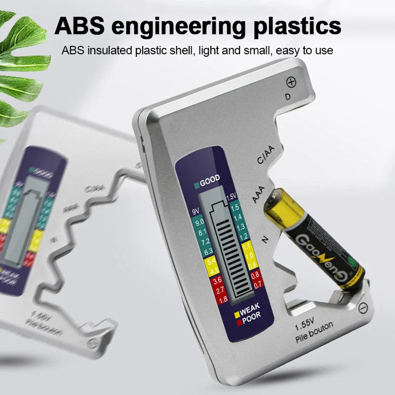 Universal Digital Battery Tester for AA, AAA, 9V, and button cells with LCD display