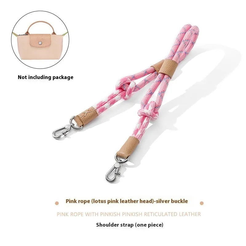 Braided rope shoulder strap with alloy hardware in silver or gold finish options