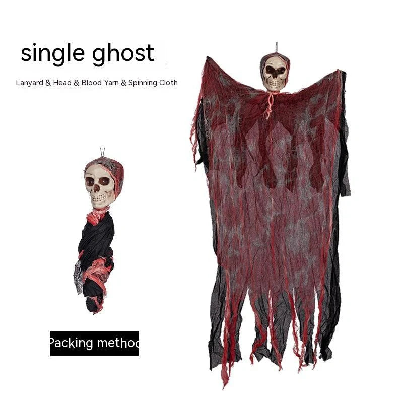 Halloween hanging ghost pendant with blood-dyed skull and wavy cloth for scary decor